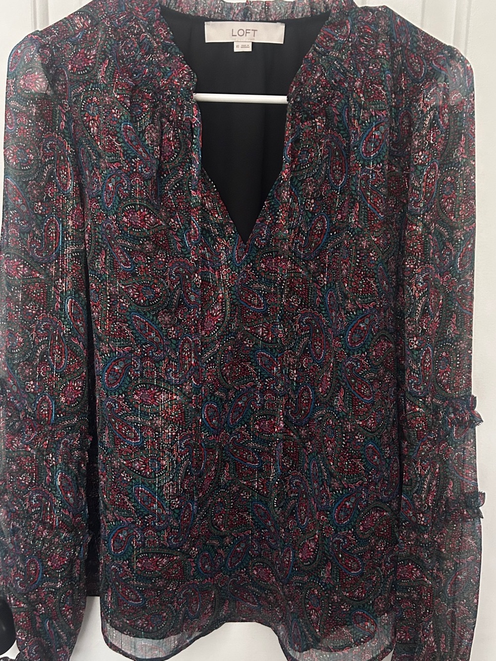LOFT Women's Bohemian Chic Paisley Long Sleeve Blouse - Black/Multi Ruffles